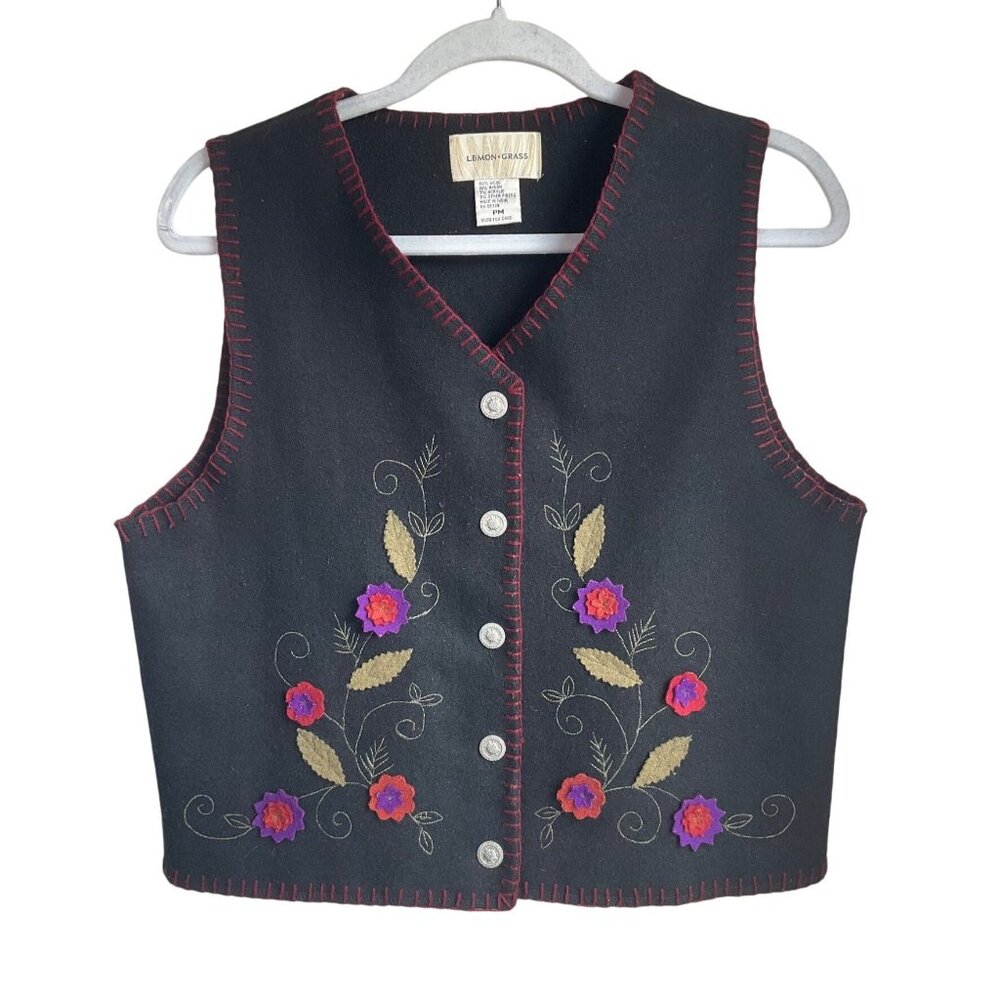 VTG Lemongrass Sz Medium P Vest Black purple Wool Bl Felt 3D flowers Embroidered